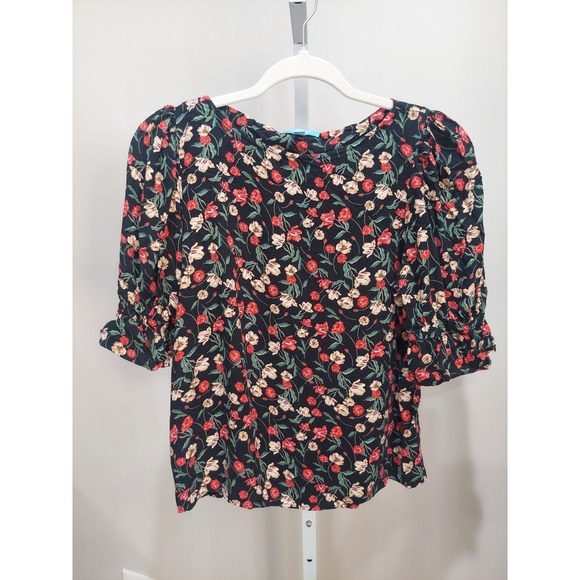 Draper James RSVP Tops - Draper James RSVP Black Floral Puff Sleeve Top XS Rayon Whimsigoth Cottagecore